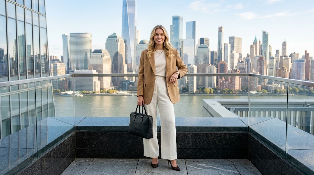 Camel Wool Oversized Blazer & Tailored Ivory Wide-Leg Trousers